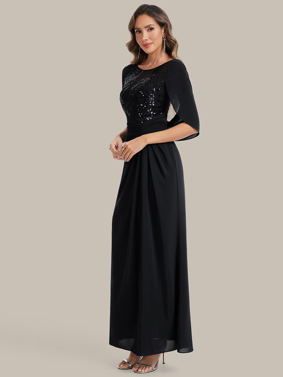 robe longue à encolure drapée à manches mi-longues et taille cintrée #Couleur_Noir