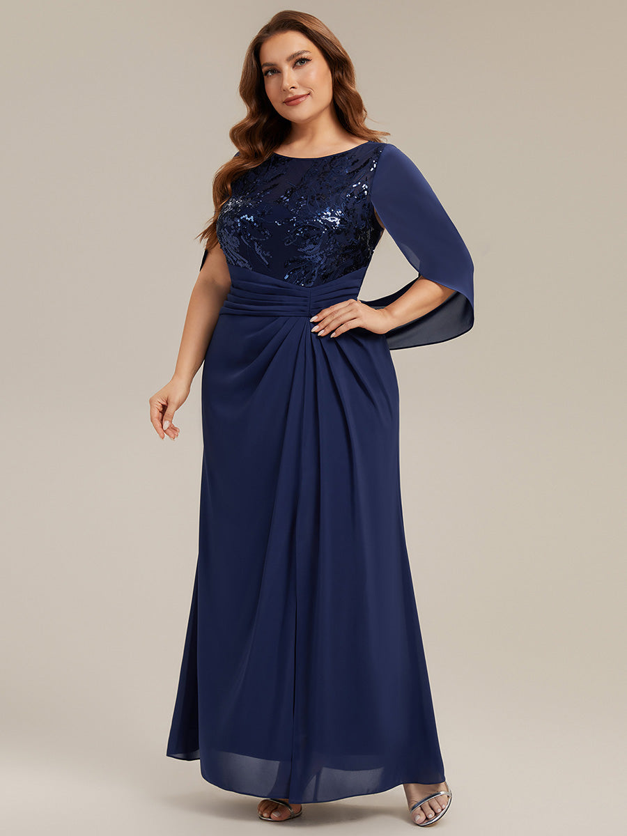 robe longue à encolure drapée à manches mi-longues et taille cintrée #Couleur_Bleu Marine