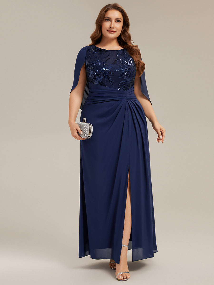 robe longue à encolure drapée à manches mi-longues et taille cintrée #Couleur_Bleu Marine