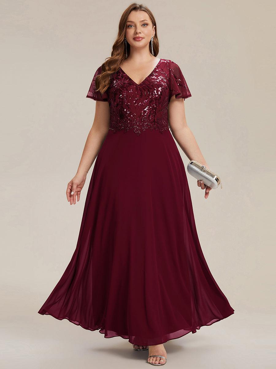 Robe longue extensibilité faible manches à volants décolleté en V profond applique coupe évasée #Couleur_Bordeaux
