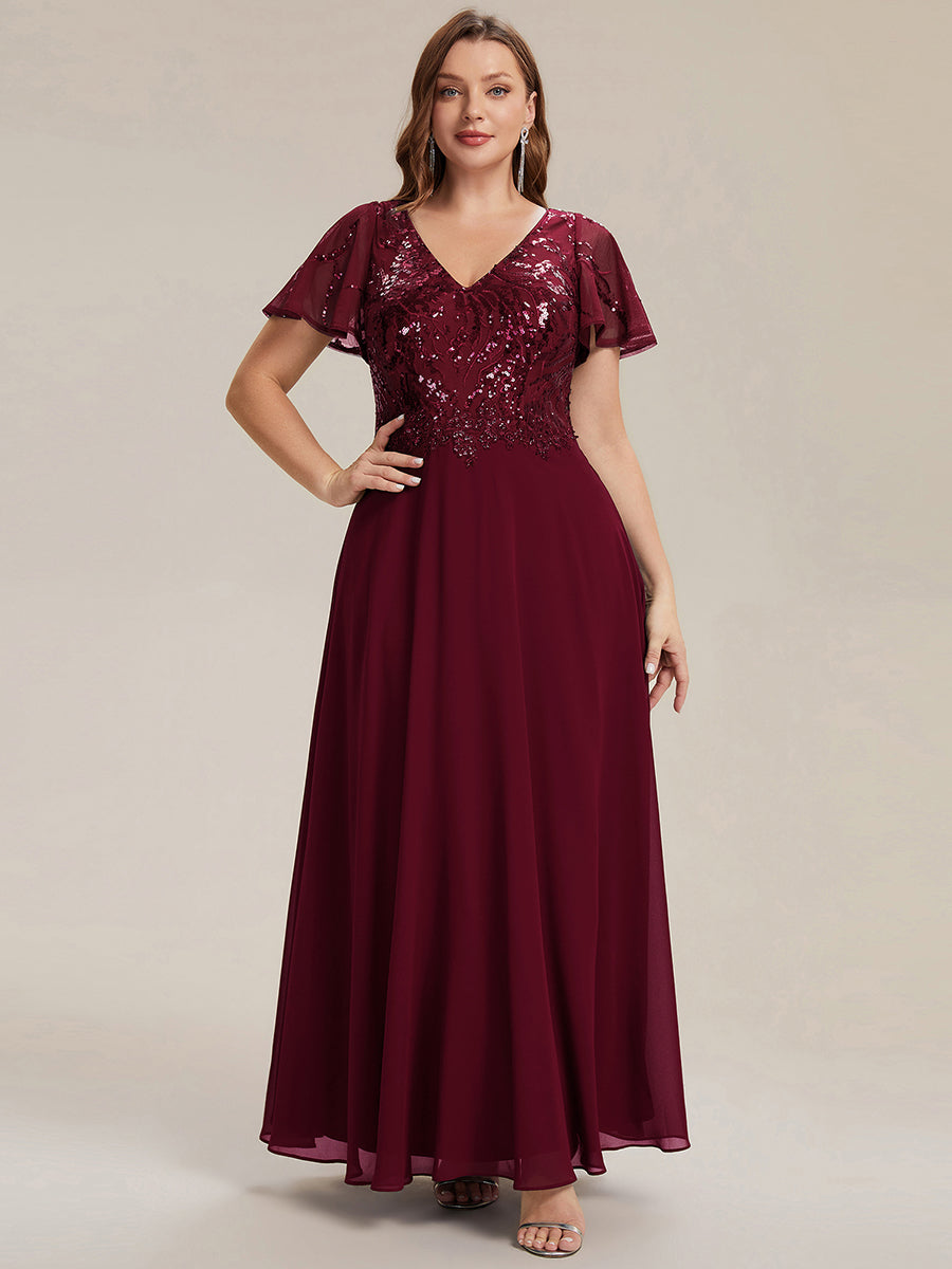 Robe longue extensibilité faible manches à volants décolleté en V profond applique coupe évasée #Couleur_Bordeaux