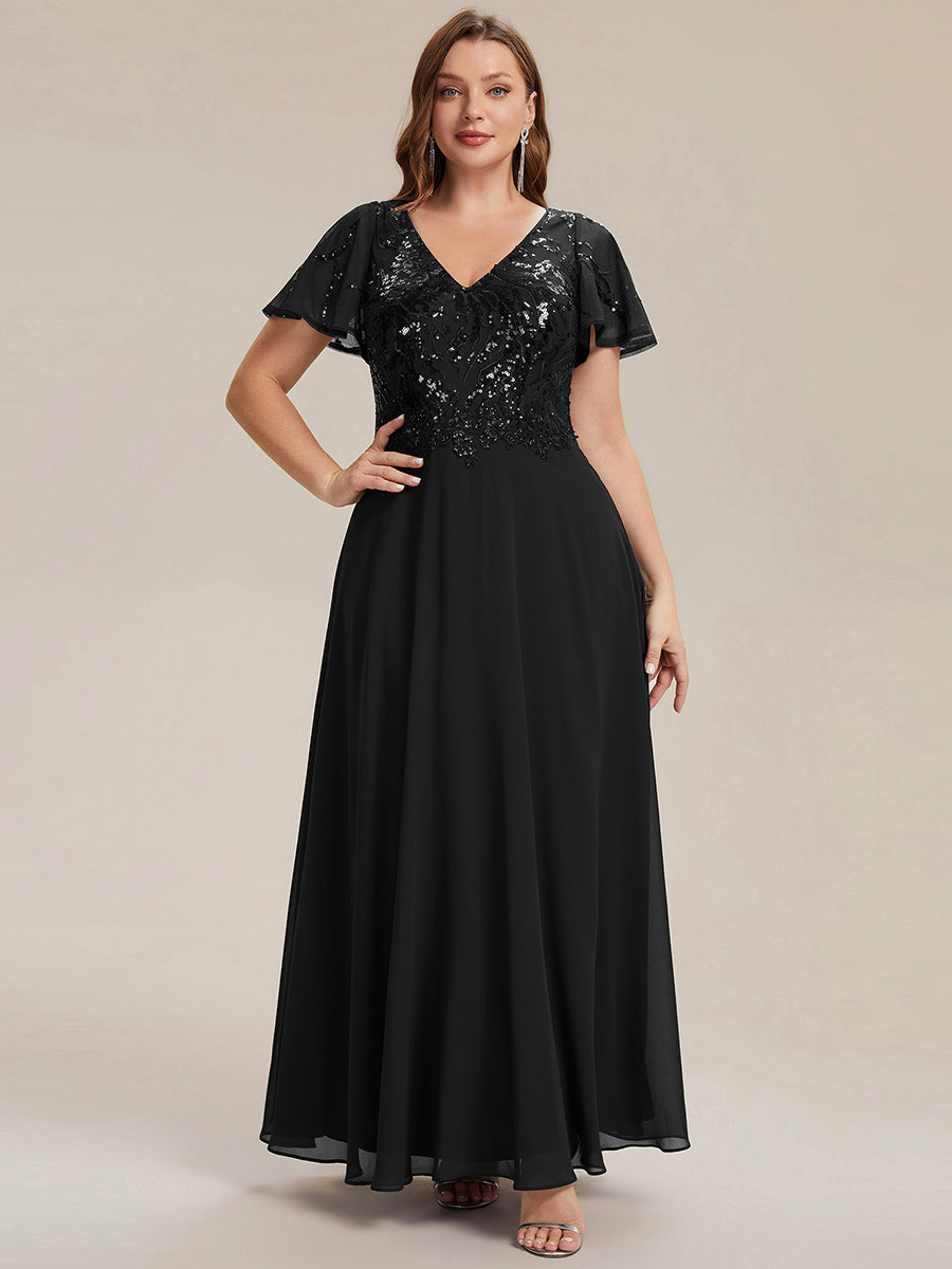 Robe longue extensibilité faible manches à volants décolleté en V profond applique coupe évasée #Couleur_Noir