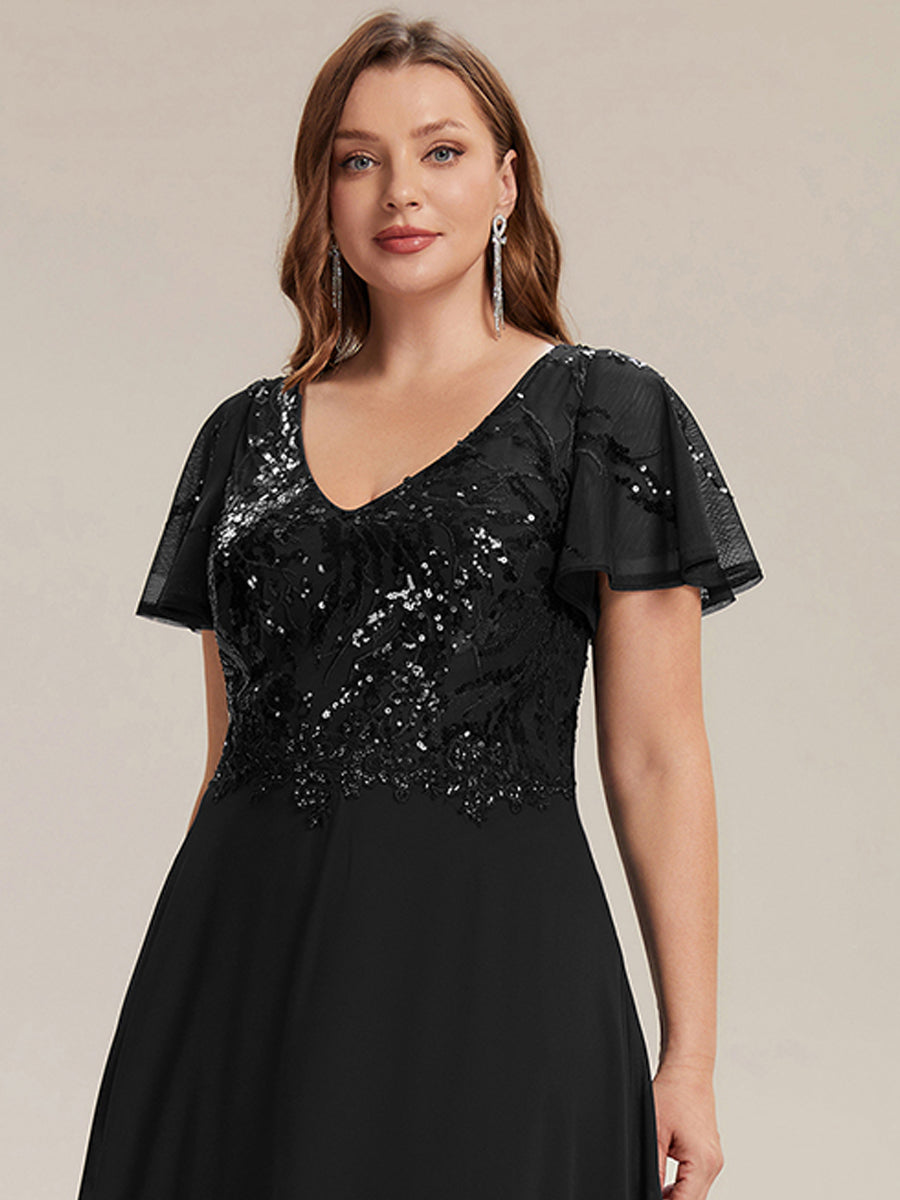 Robe longue extensibilité faible manches à volants décolleté en V profond applique coupe évasée #Couleur_Noir