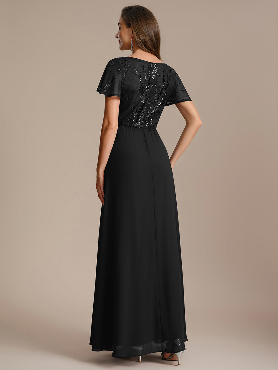 Robe longue extensibilité faible manches à volants décolleté en V profond applique coupe évasée #Couleur_Noir
