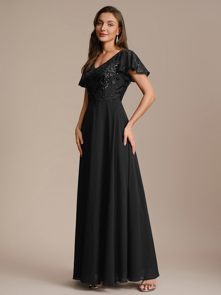 Robe longue extensibilité faible manches à volants décolleté en V profond applique coupe évasée #Couleur_Noir