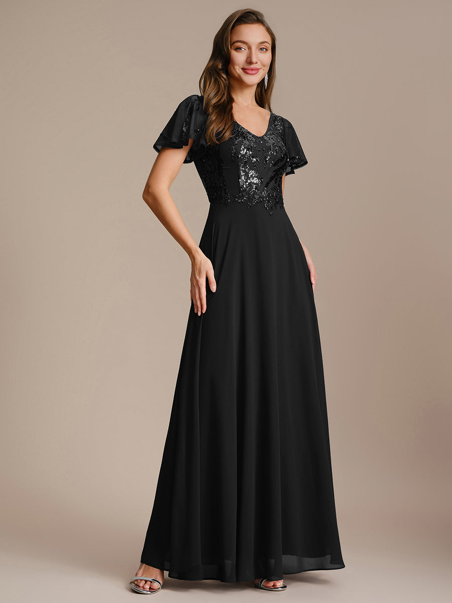Robe longue extensibilité faible manches à volants décolleté en V profond applique coupe évasée #Couleur_Noir