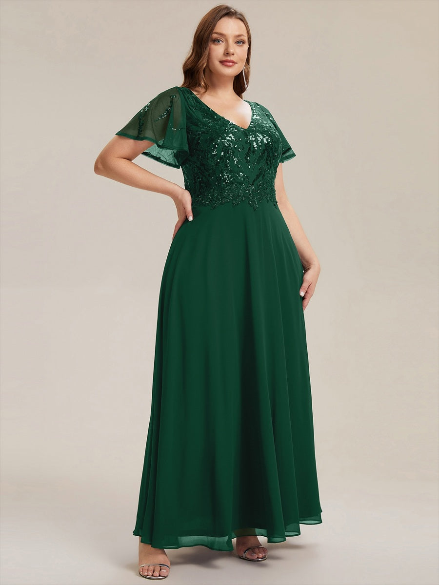 Robe longue extensibilité faible manches à volants décolleté en V profond applique coupe évasée #Couleur_Vert Fonce