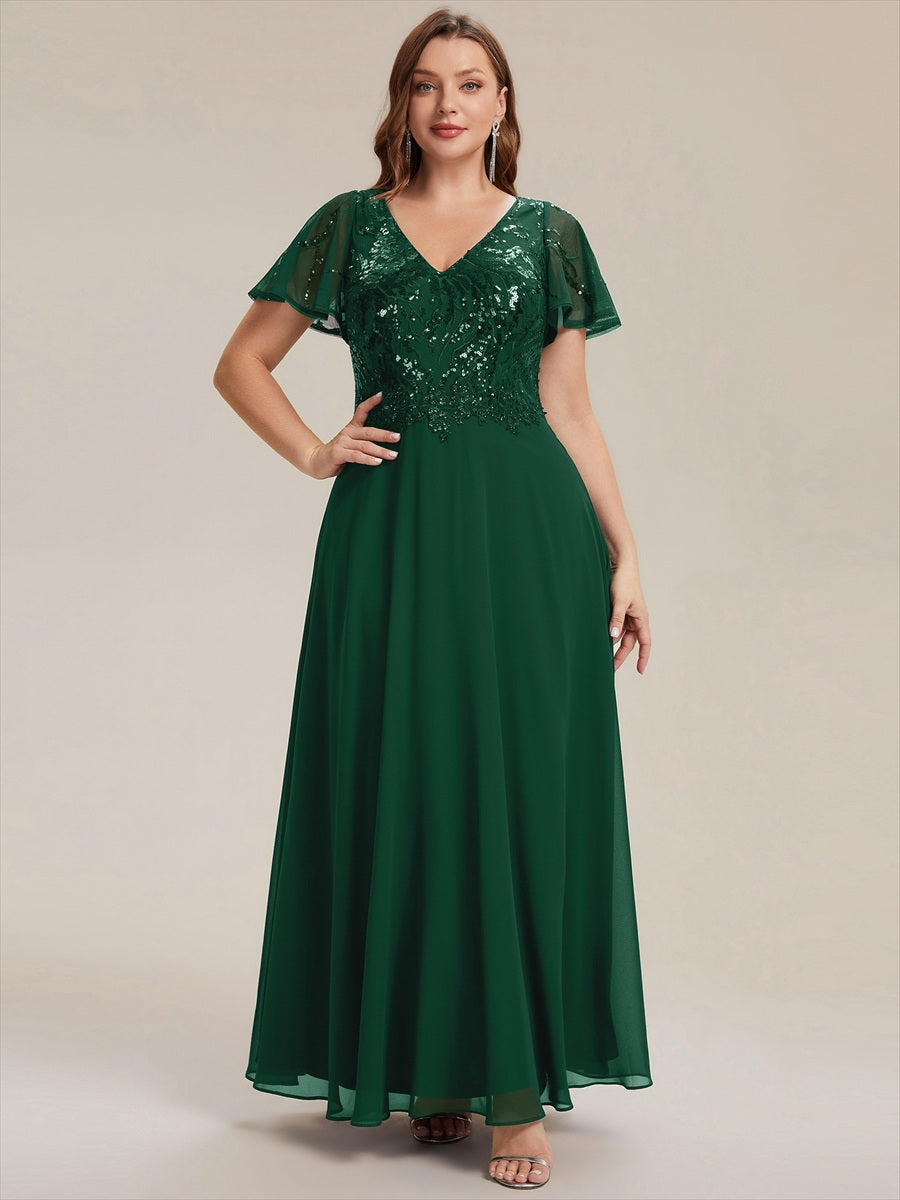 Robe longue extensibilité faible manches à volants décolleté en V profond applique coupe évasée #Couleur_Vert Fonce