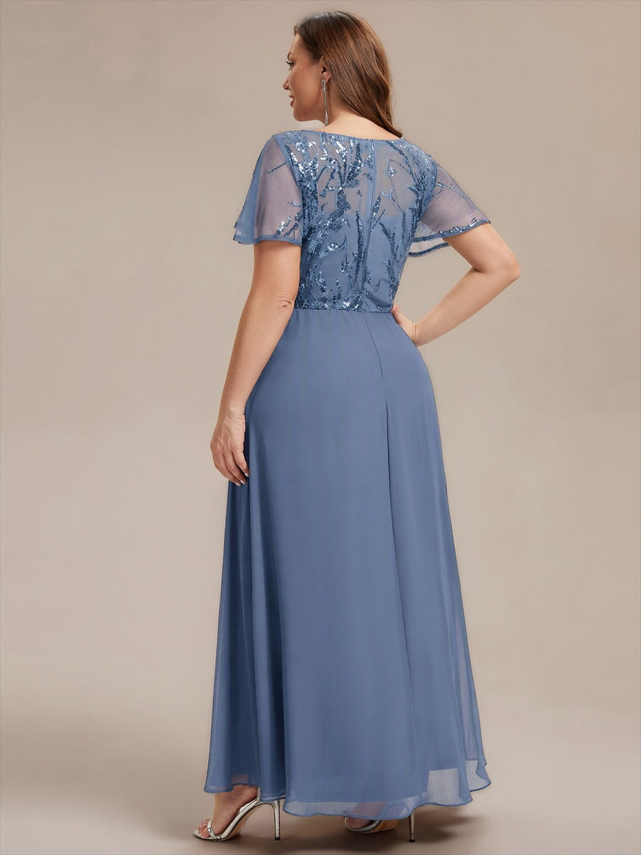 Robe longue extensibilité faible manches à volants décolleté en V profond applique coupe évasée #Couleur_Marine Fume