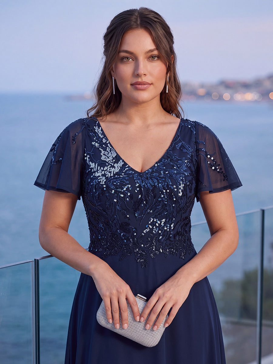 Robe longue extensibilité faible manches à volants décolleté en V profond applique coupe évasée #Couleur_Bleu Marine