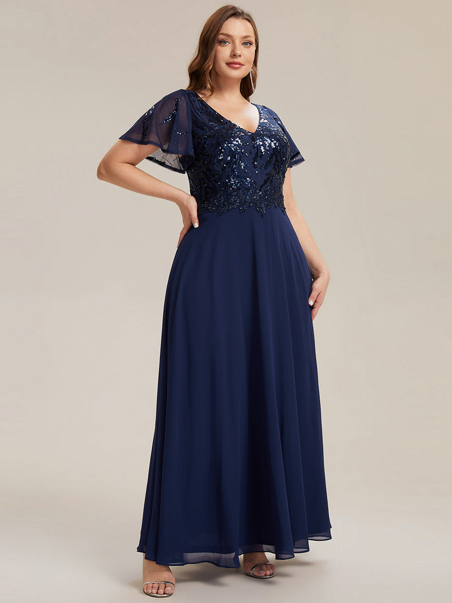 Robe longue extensibilité faible manches à volants décolleté en V profond applique coupe évasée #Couleur_Bleu Marine