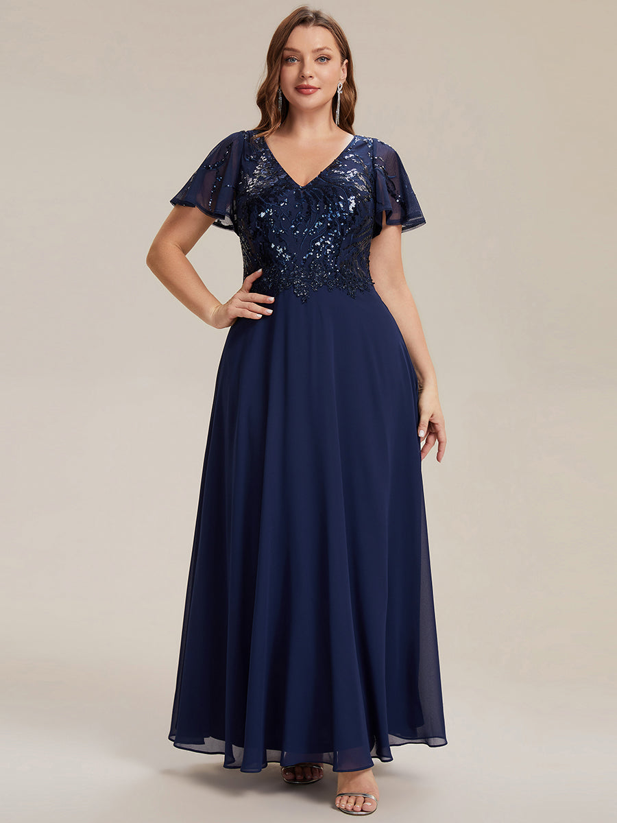 Robe longue extensibilité faible manches à volants décolleté en V profond applique coupe évasée #Couleur_Bleu Marine