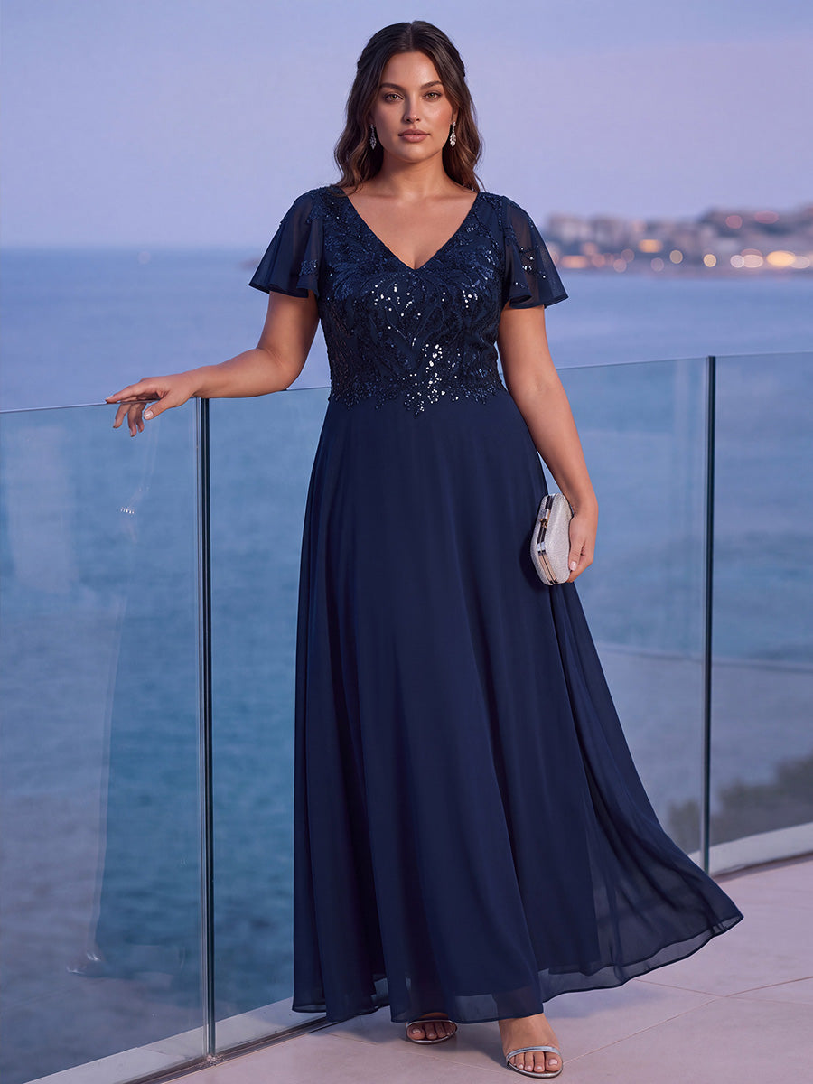 Robe longue extensibilité faible manches à volants décolleté en V profond applique coupe évasée #Couleur_Bleu Marine