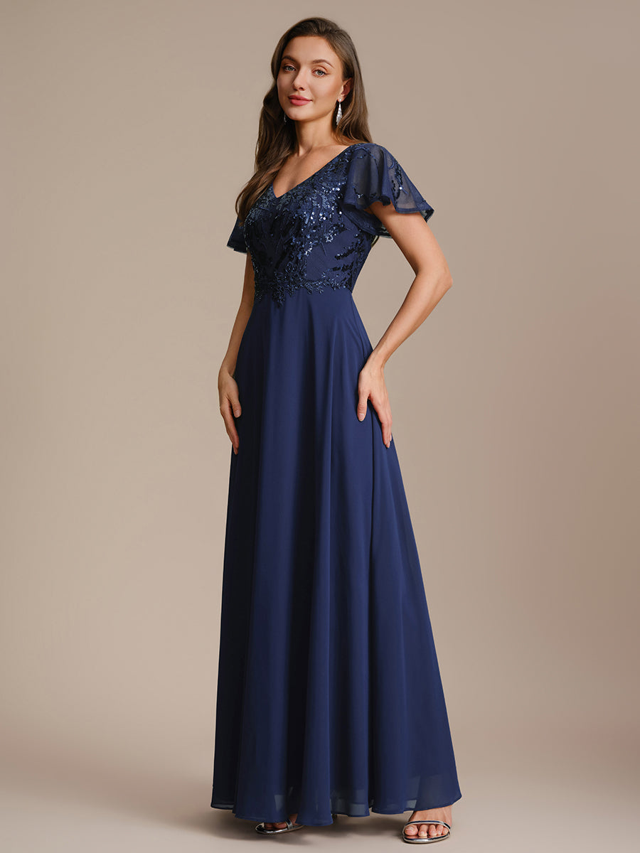 Robe longue extensibilité faible manches à volants décolleté en V profond applique coupe évasée #Couleur_Bleu Marine
