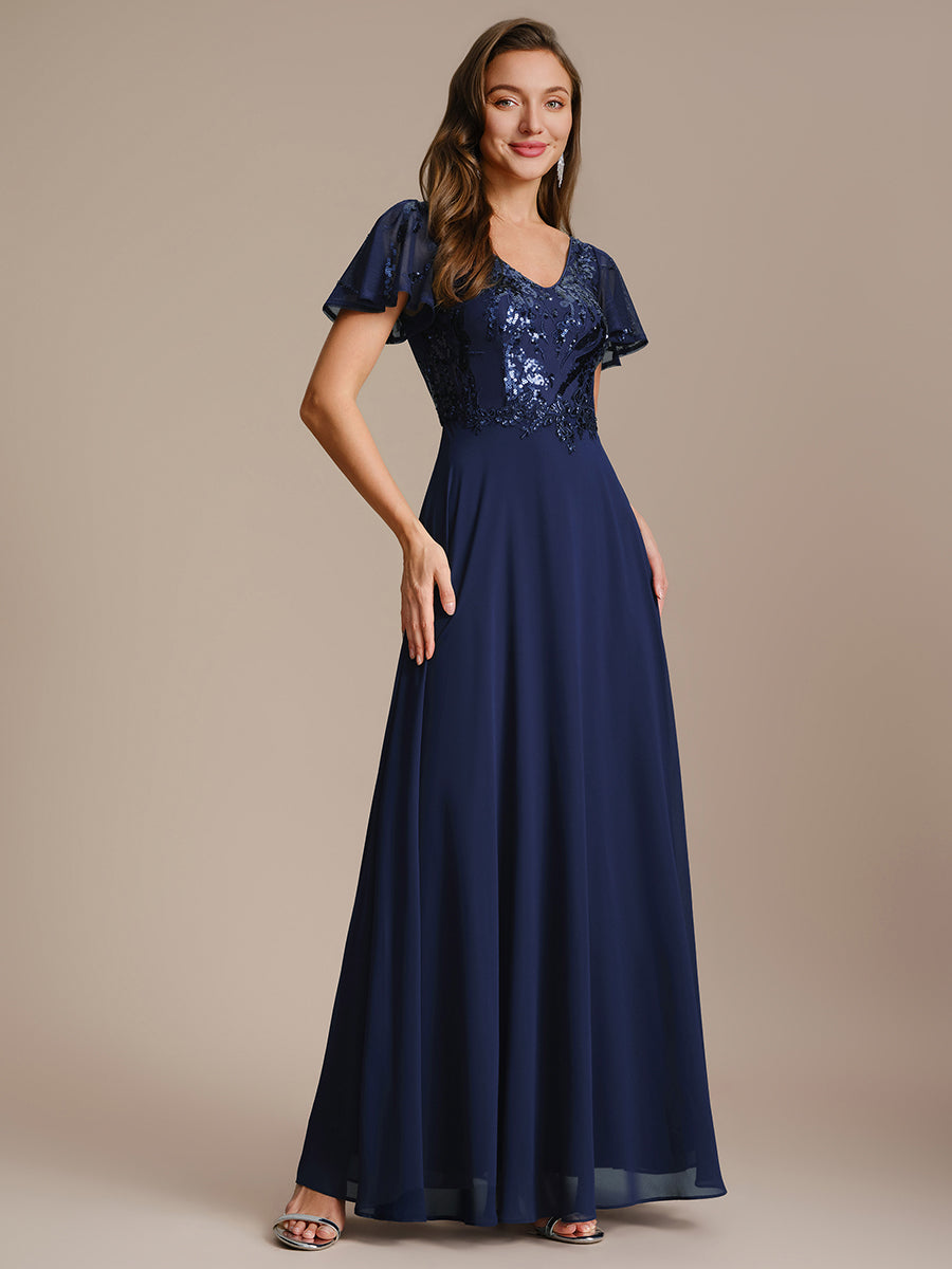Robe longue extensibilité faible manches à volants décolleté en V profond applique coupe évasée #Couleur_Bleu Marine