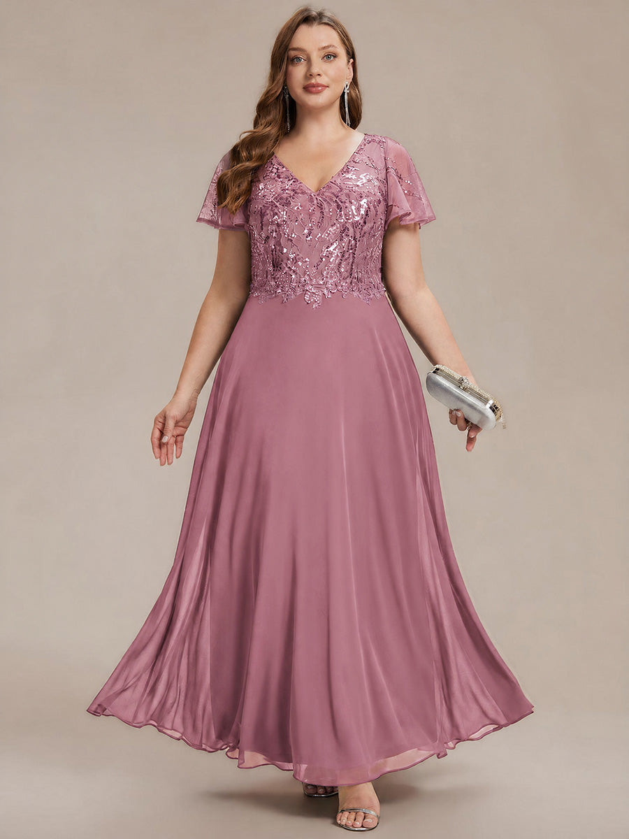 Robe longue extensibilité faible manches à volants décolleté en V profond applique coupe évasée #Couleur_Orchidee
