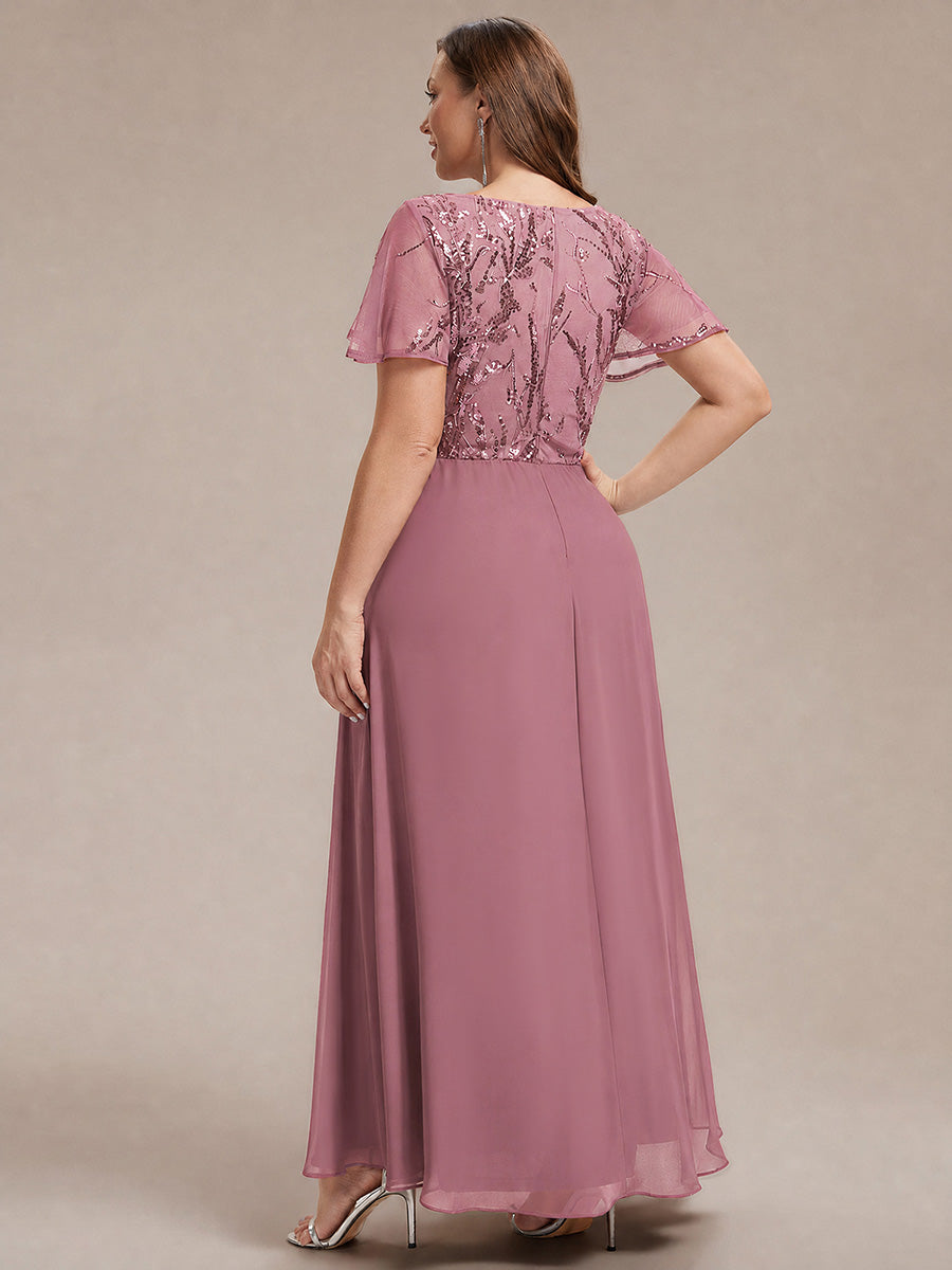 Robe longue extensibilité faible manches à volants décolleté en V profond applique coupe évasée #Couleur_Orchidee
