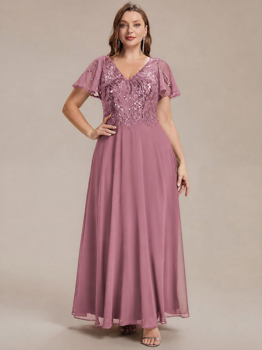Robe longue extensibilité faible manches à volants décolleté en V profond applique coupe évasée #Couleur_Orchidee