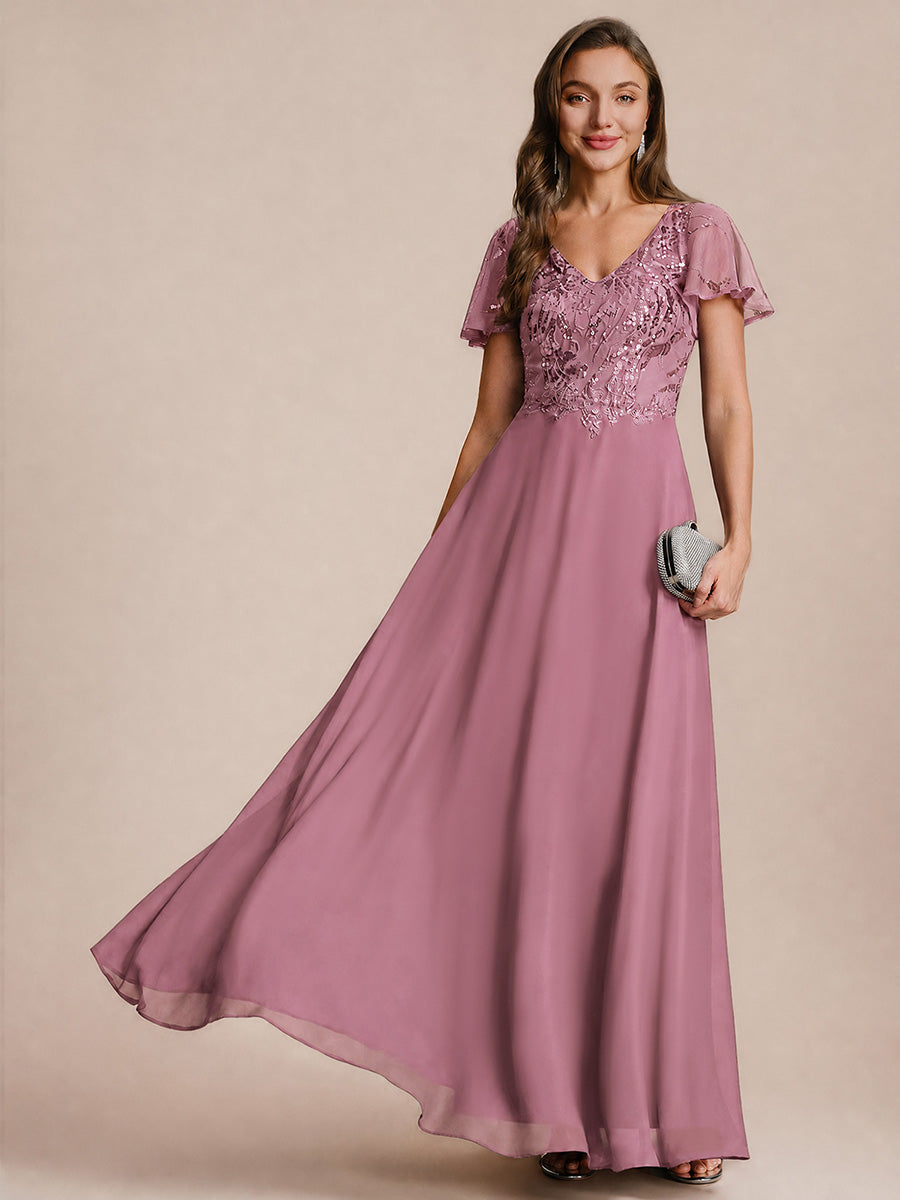 Robe longue extensibilité faible manches à volants décolleté en V profond applique coupe évasée #Couleur_Orchidee