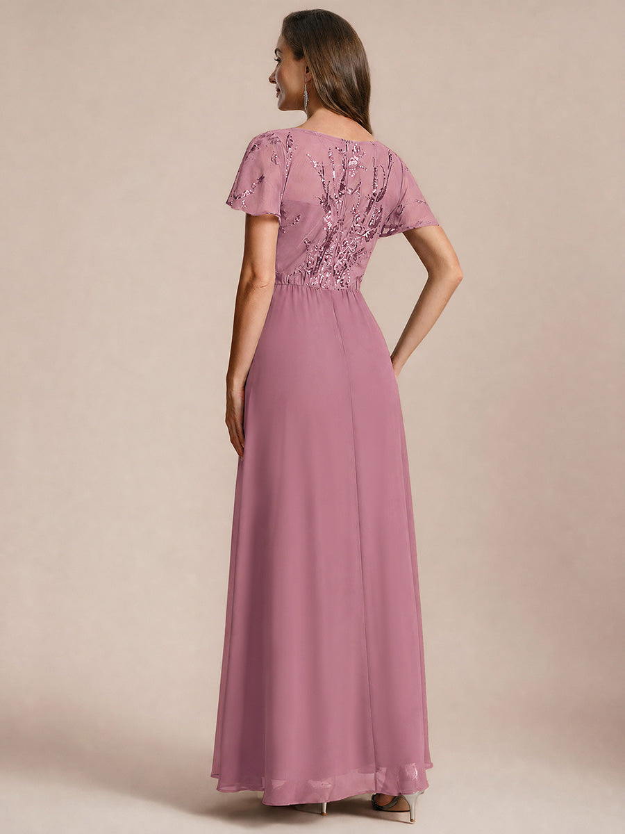 Robe longue extensibilité faible manches à volants décolleté en V profond applique coupe évasée #Couleur_Orchidee