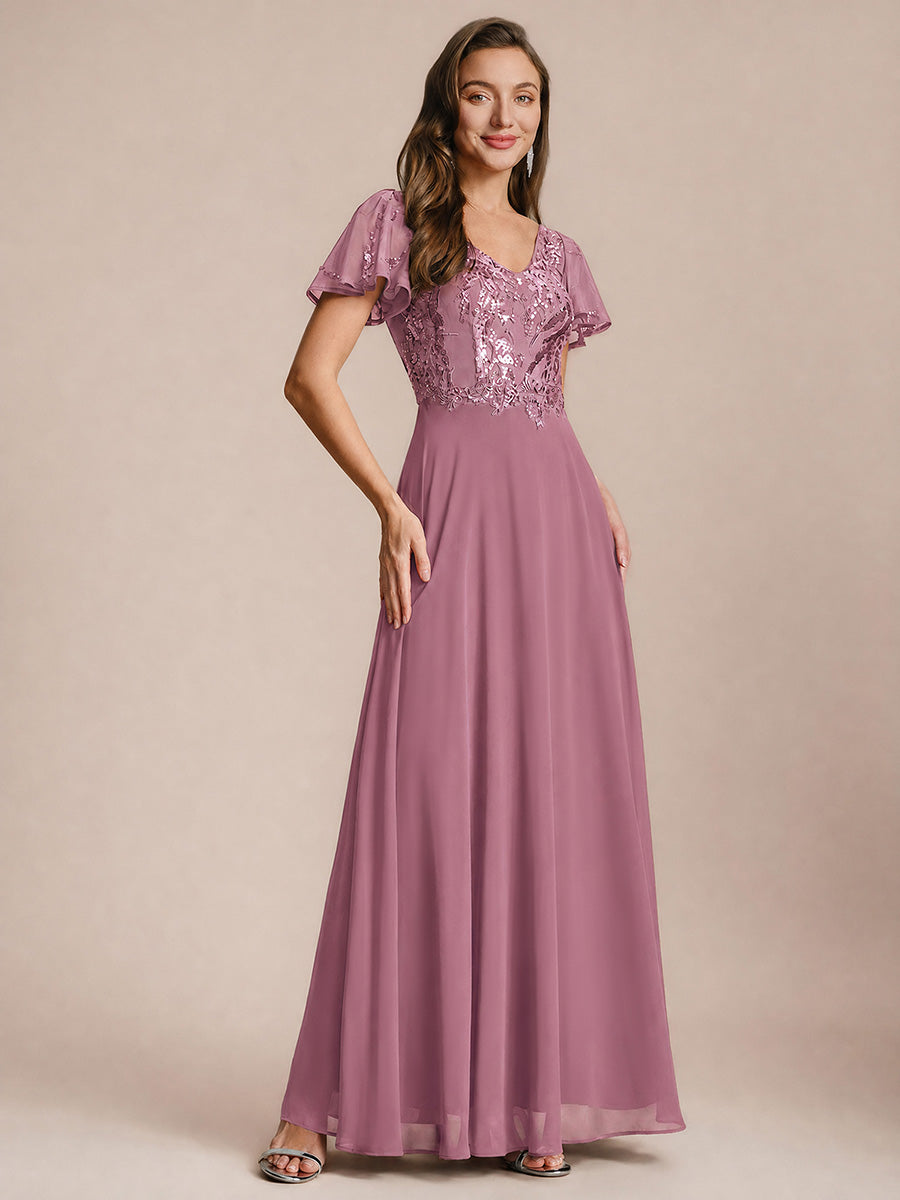 Robe longue extensibilité faible manches à volants décolleté en V profond applique coupe évasée #Couleur_Orchidee
