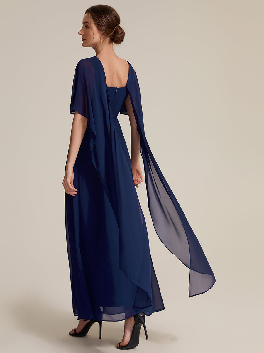 Robe maxi A-line ¨¤ manches courtes avec col rond et fermeture ¨¦clair au dos #Couleur_Bleu Marine