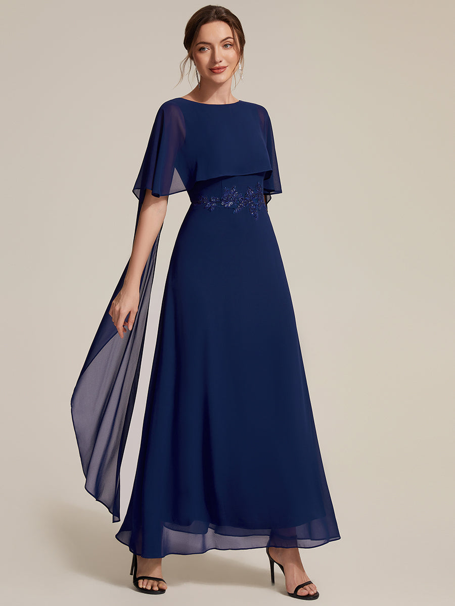 Robe maxi A-line ¨¤ manches courtes avec col rond et fermeture ¨¦clair au dos #Couleur_Bleu Marine