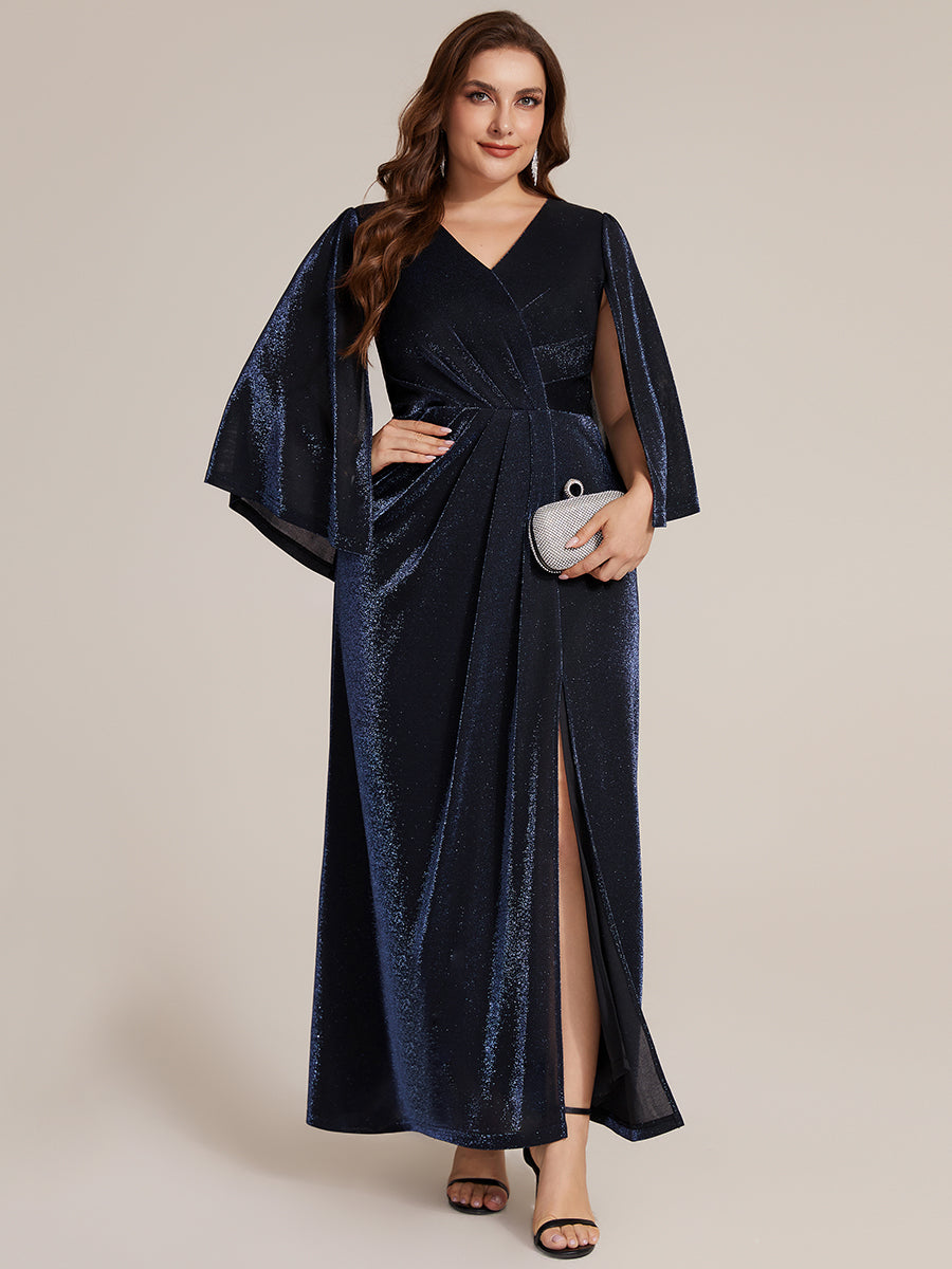 robe maxi à manches trois quarts avec encolure croisée et design ajusté extensible #Couleur_Bleu Marine