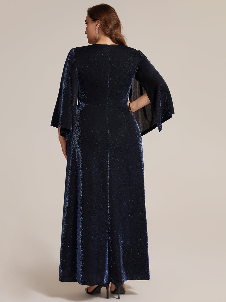 robe maxi à manches trois quarts avec encolure croisée et design ajusté extensible #Couleur_Bleu Marine
