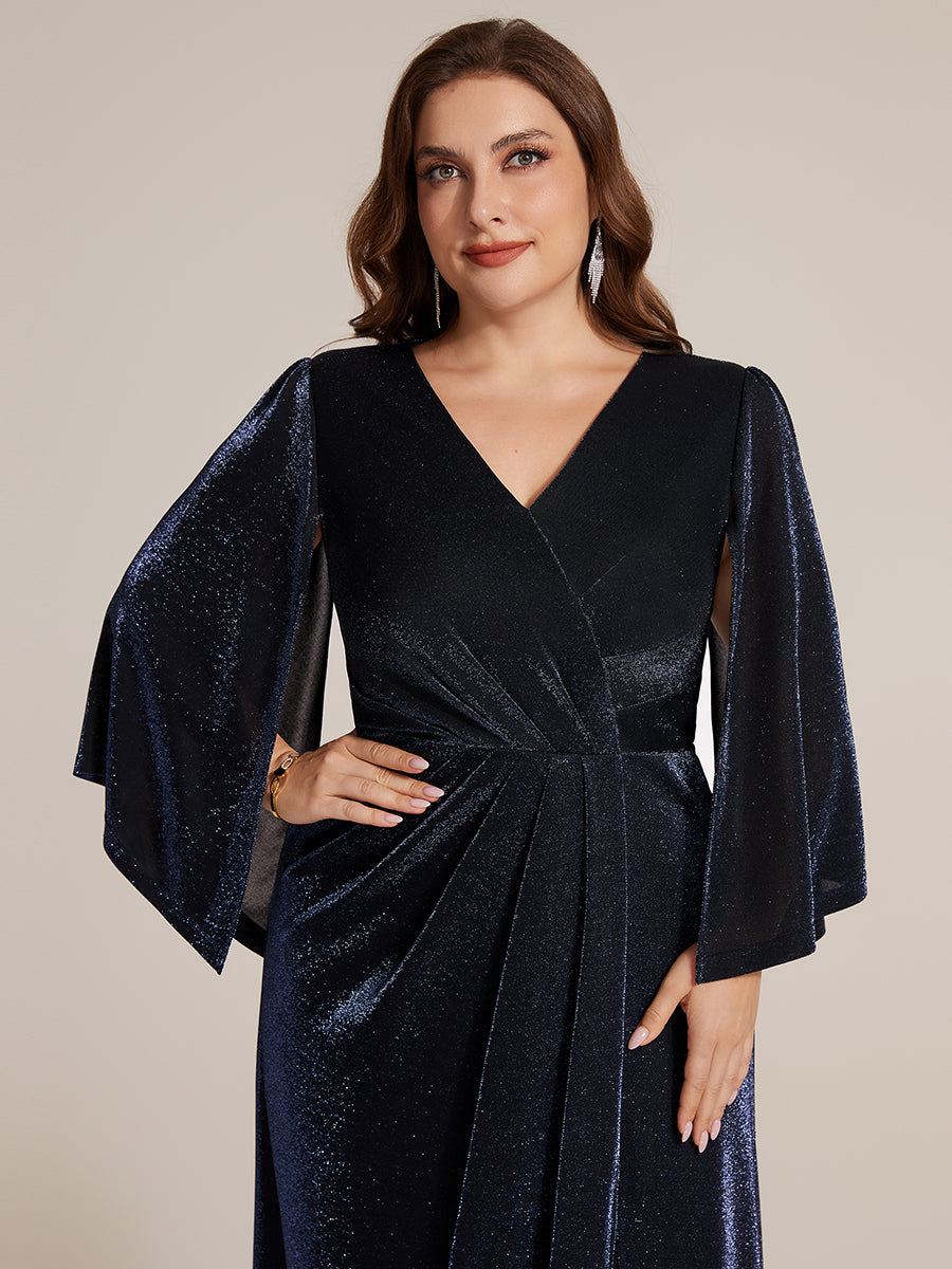 robe maxi à manches trois quarts avec encolure croisée et design ajusté extensible #Couleur_Bleu Marine