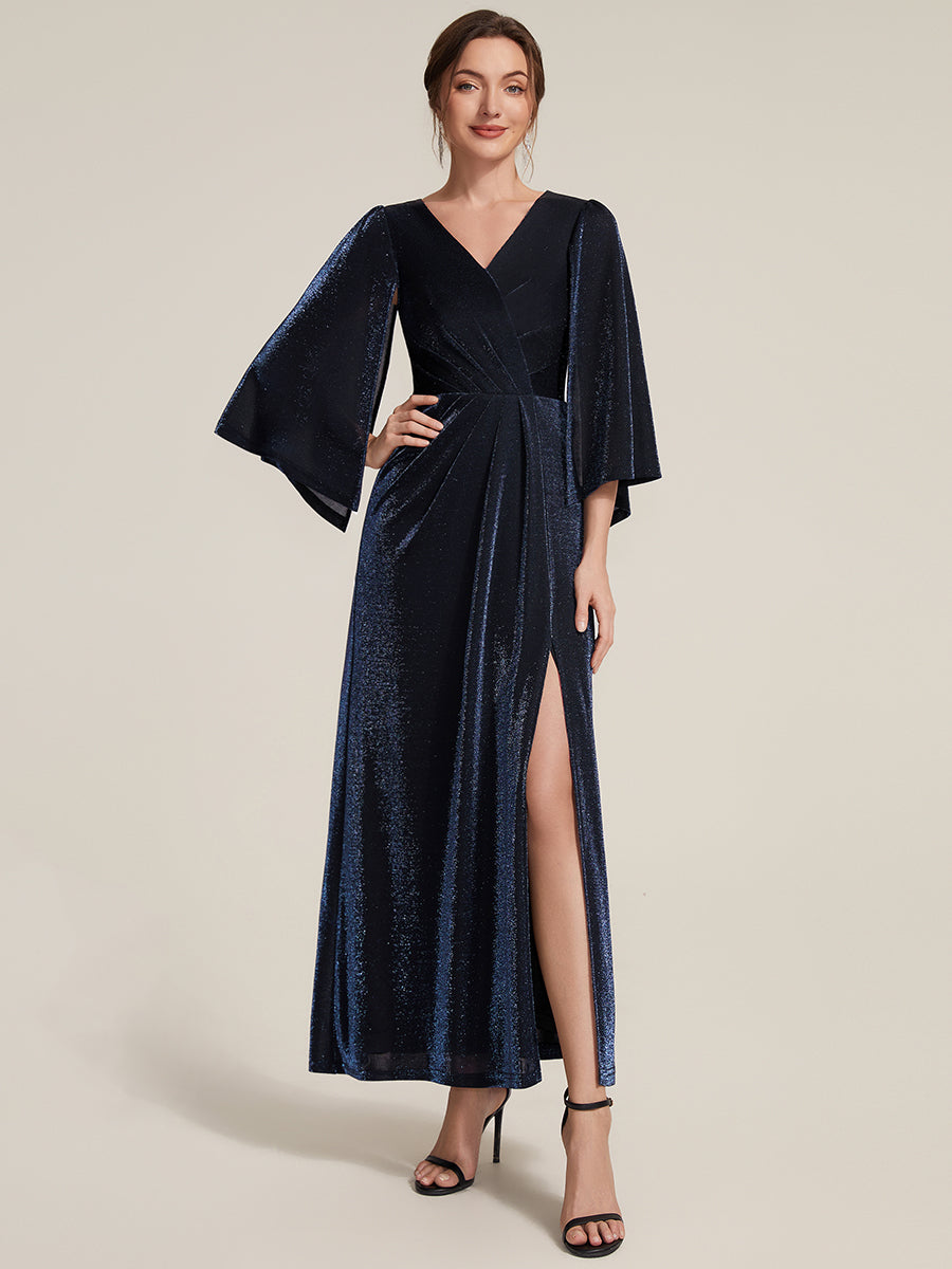 robe maxi à manches trois quarts avec encolure croisée et design ajusté extensible #Couleur_Bleu Marine