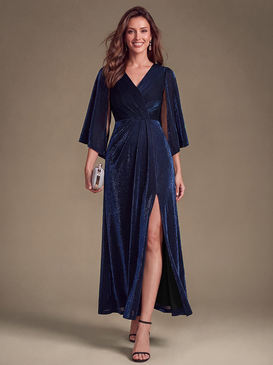 robe maxi à manches trois quarts avec encolure croisée et design ajusté extensible #Couleur_Bleu Marine