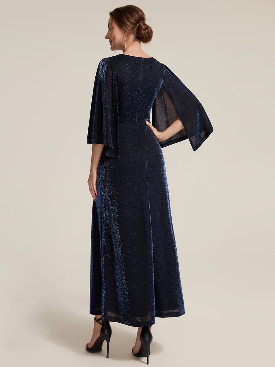 robe maxi à manches trois quarts avec encolure croisée et design ajusté extensible #Couleur_Bleu Marine