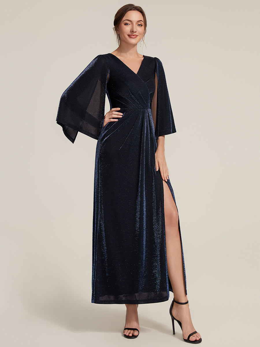 robe maxi à manches trois quarts avec encolure croisée et design ajusté extensible #Couleur_Bleu Marine