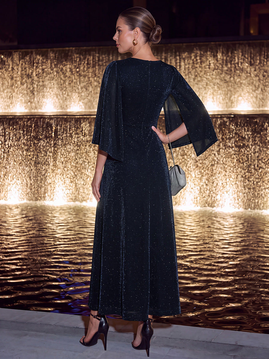 robe maxi à manches trois quarts avec encolure croisée et design ajusté extensible #Couleur_Bleu Marine