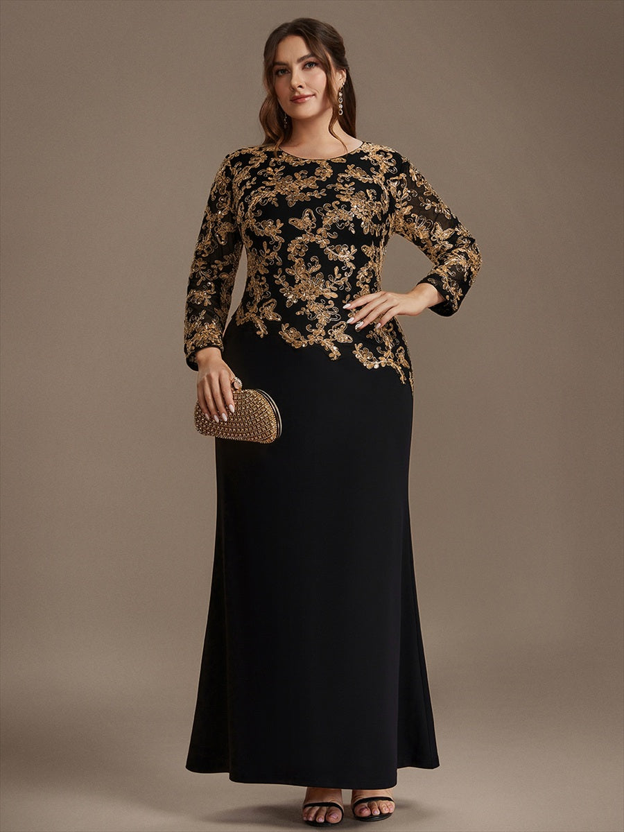 robe maxi bodycon à manches trois quarts en sequins avec col rond et fermeture éclair au dos #Couleur_Noir & Or
