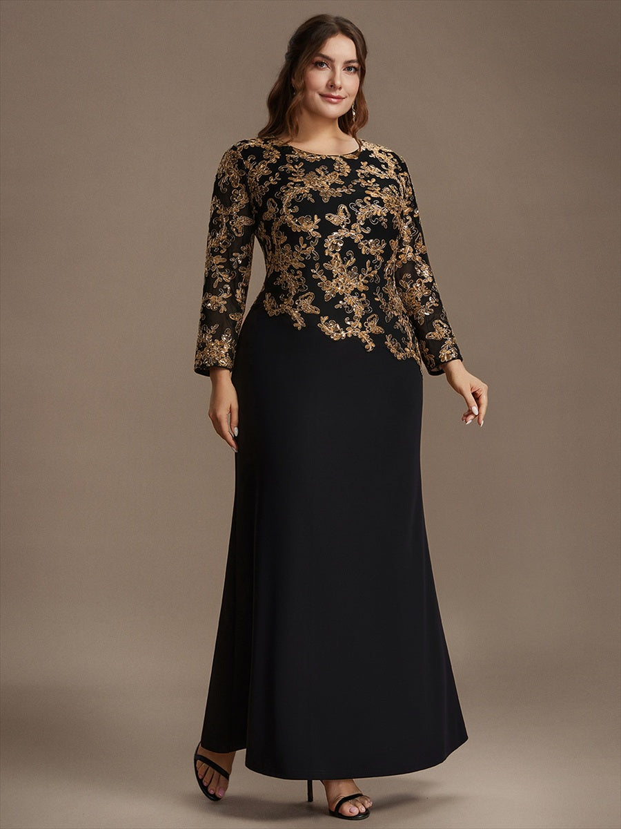 robe maxi bodycon à manches trois quarts en sequins avec col rond et fermeture éclair au dos #Couleur_Noir & Or