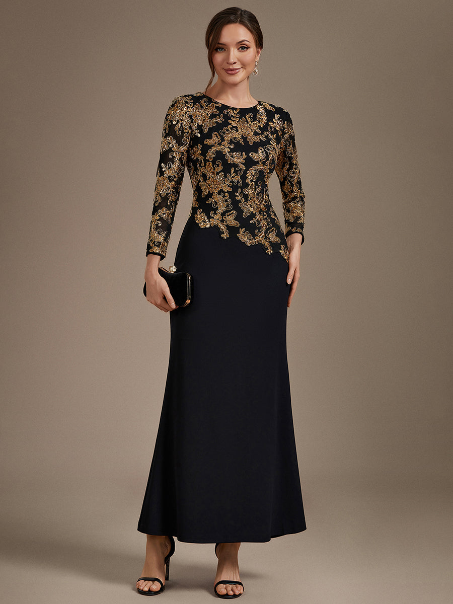 robe maxi bodycon à manches trois quarts en sequins avec col rond et fermeture éclair au dos #Couleur_Noir & Or