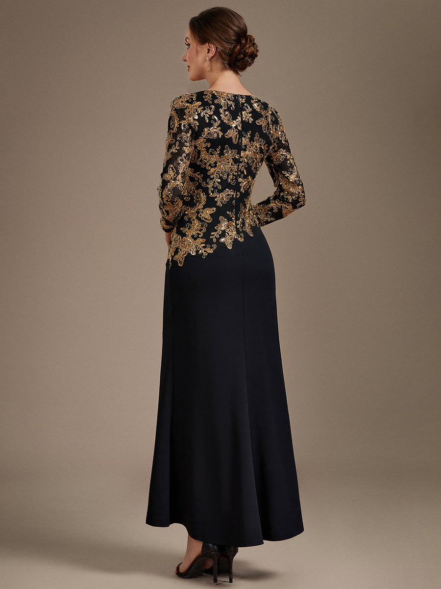 robe maxi bodycon à manches trois quarts en sequins avec col rond et fermeture éclair au dos #Couleur_Noir & Or