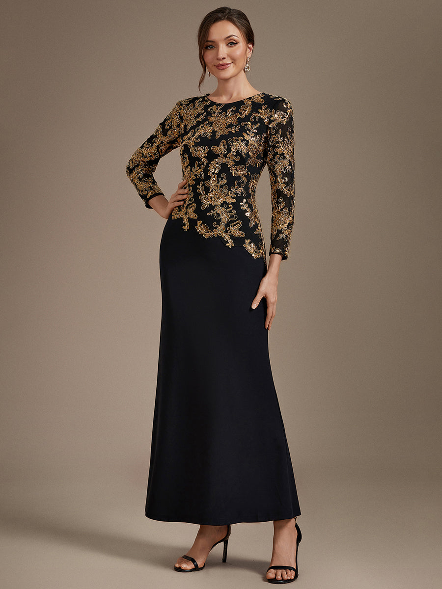 robe maxi bodycon à manches trois quarts en sequins avec col rond et fermeture éclair au dos #Couleur_Noir & Or
