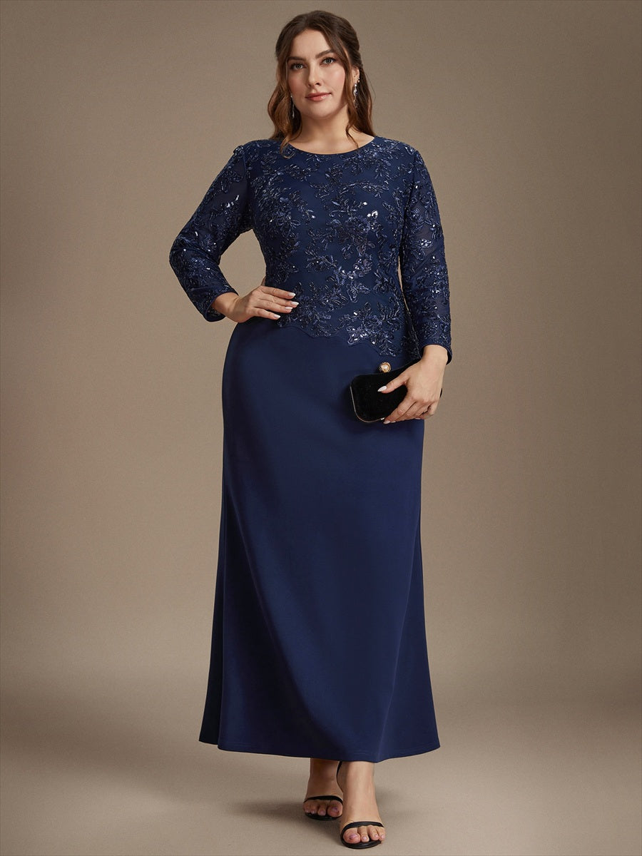 robe maxi bodycon à manches trois quarts en sequins avec col rond et fermeture éclair au dos #Couleur_Bleu Marine