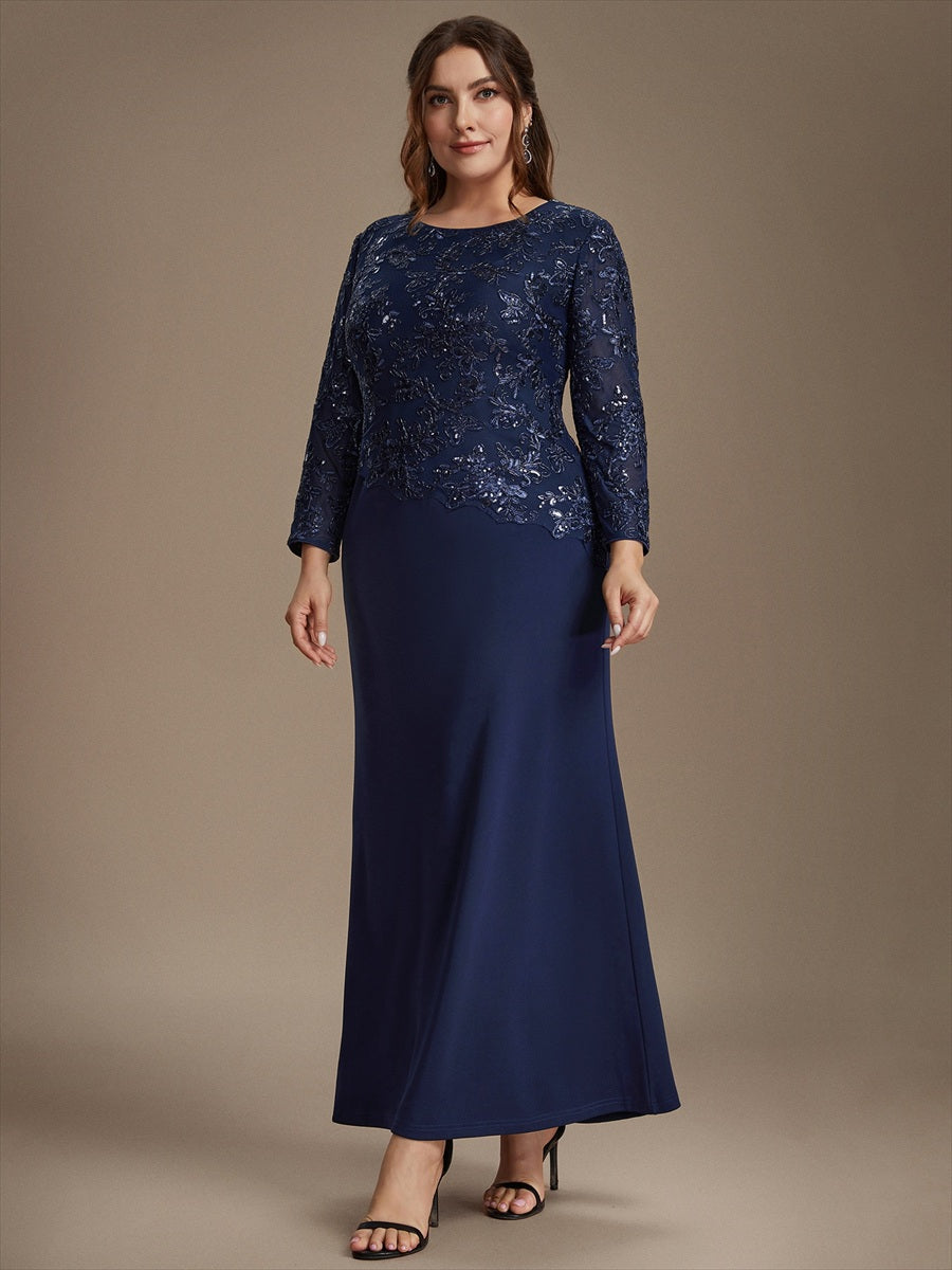 robe maxi bodycon à manches trois quarts en sequins avec col rond et fermeture éclair au dos #Couleur_Bleu Marine