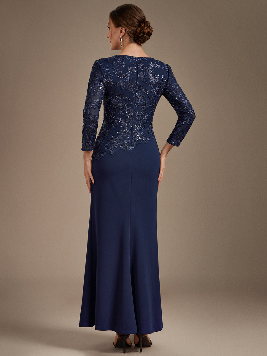 robe maxi bodycon à manches trois quarts en sequins avec col rond et fermeture éclair au dos #Couleur_Bleu Marine