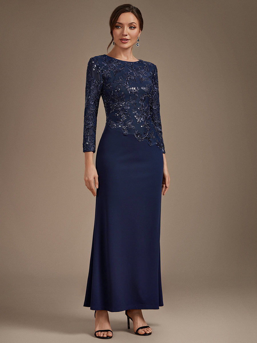 robe maxi bodycon à manches trois quarts en sequins avec col rond et fermeture éclair au dos #Couleur_Bleu Marine