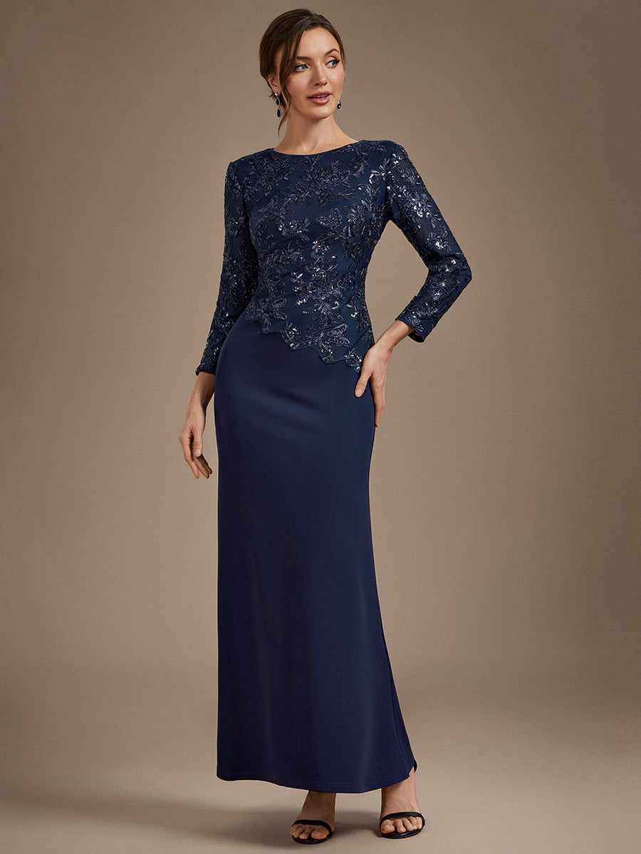 robe maxi bodycon à manches trois quarts en sequins avec col rond et fermeture éclair au dos #Couleur_Bleu Marine
