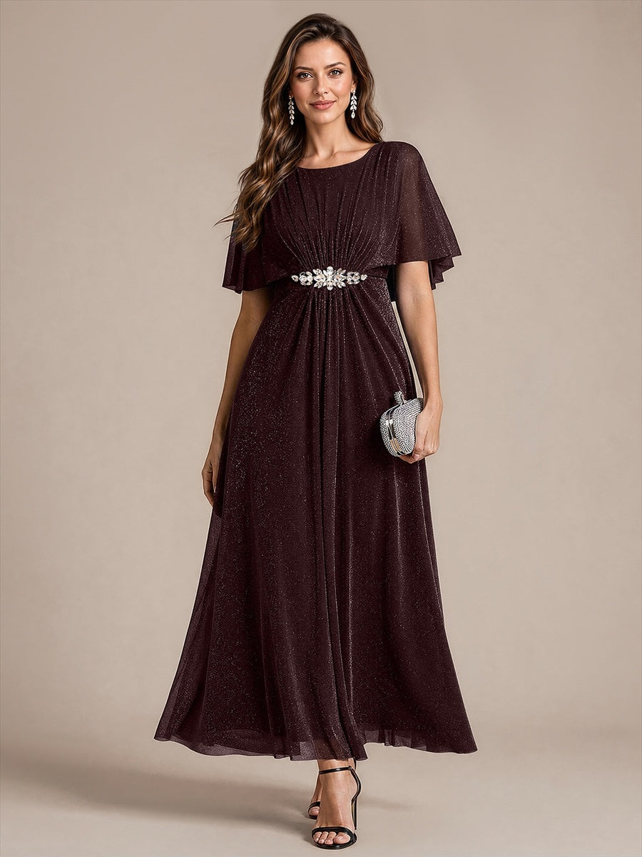 Robe mère de la mariée à manches cape et longueur sol robe de mère de la mariée #Couleur_Brun acajou