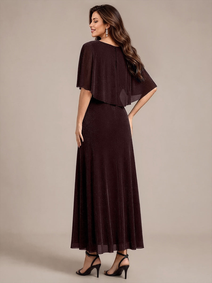 Robe mère de la mariée à manches cape et longueur sol robe de mère de la mariée #Couleur_Brun acajou