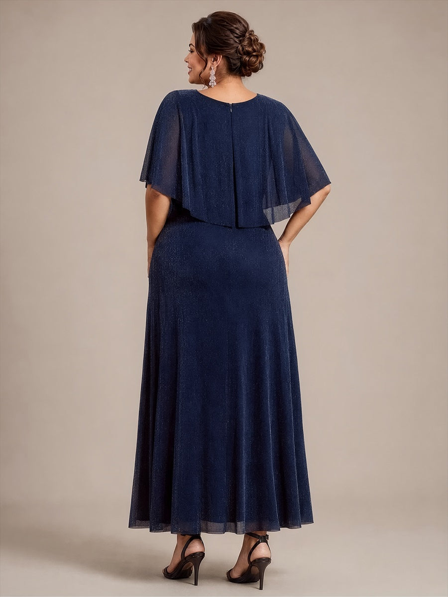 Robe mère de la mariée à manches cape et longueur sol robe de mère de la mariée #Couleur_Bleu Marine