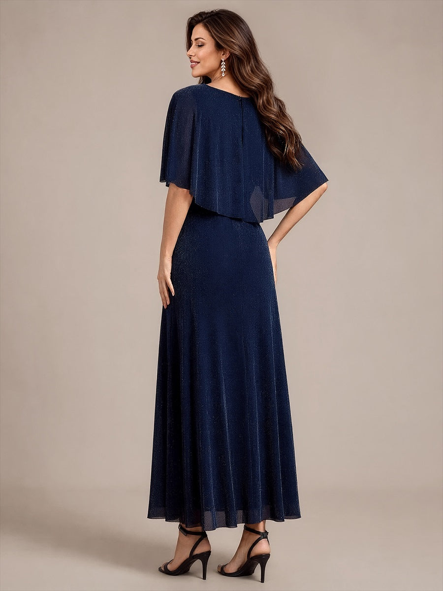 Robe mère de la mariée à manches cape et longueur sol robe de mère de la mariée #Couleur_Bleu Marine