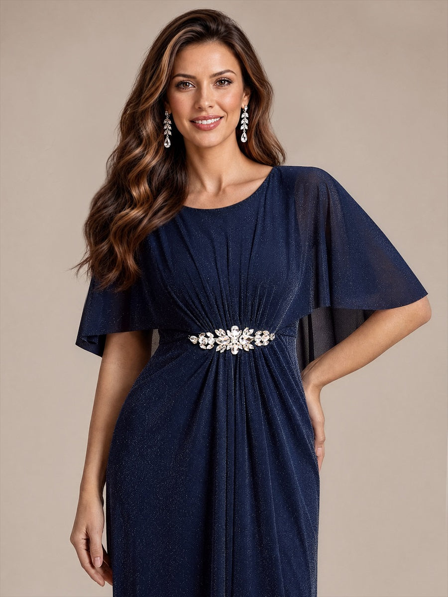 Robe mère de la mariée à manches cape et longueur sol robe de mère de la mariée #Couleur_Bleu Marine